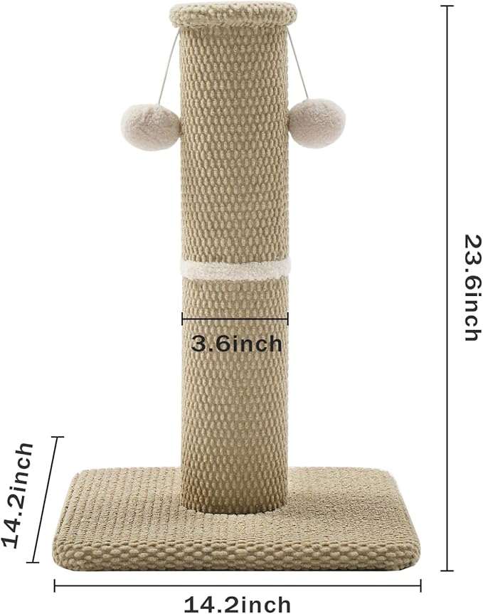 Made4Pets Tall Cat Scratching Post, 23.6" Modern Cat Scratcher with Hanging Balls, Heavy Duty and Thicker Scratching Post for Indoor Cats Adults, Sturdy Base Cat Scratch Post, Beige