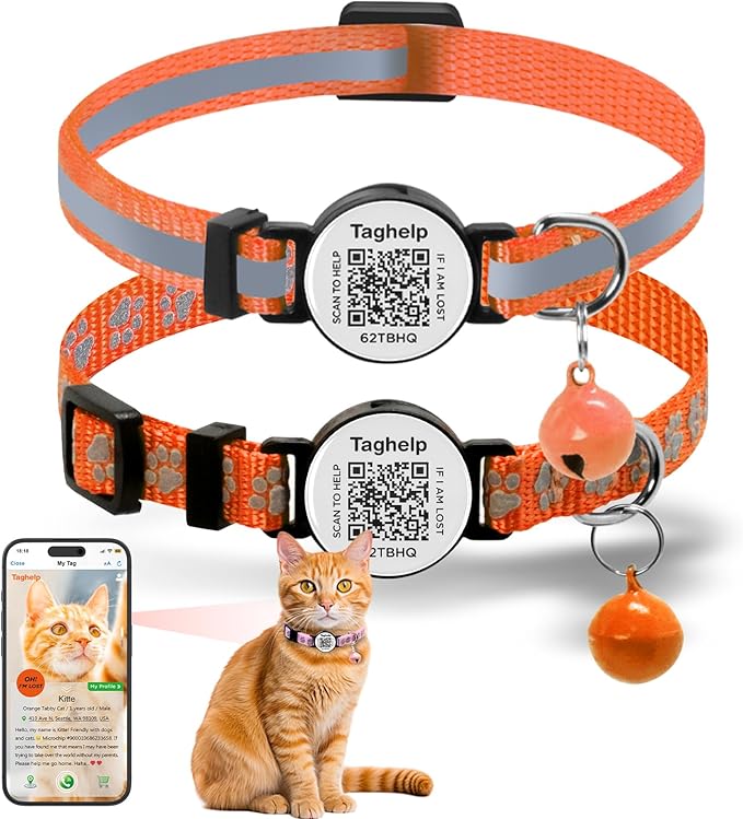 Personalized Paw Print Cat Collar with Smart QR Code ID Tag, 2-Pack Breakaway Reflective Safety Collars with Bell - Adjustable Polyester Collar for Easy Online Pet Profile (Orange)