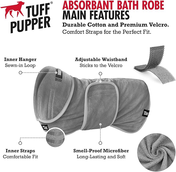 Tuff Pupper Fast Drying Dog Bath Robe | 800 GSM Plush Dog Towel Bathrobe/Dressing Gown | Super Absorbent Pet/Puppy Bathrobe | Adjustable Hood & Belly Strap | Super Soft | Fast Drying (L, Gray)