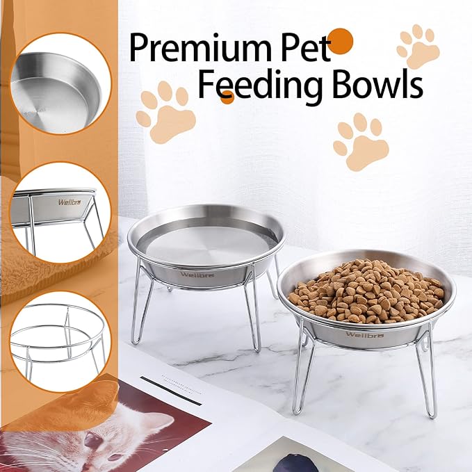 Elevated Cat Bowls, 5.9 Inch Wide Stainless Steel Cat Food Bowls with Metal Stand Whisker Stress-Free, Raised Food and Water Dish for Cats, Kitten, Puppies and Small Dogs-2 Pack