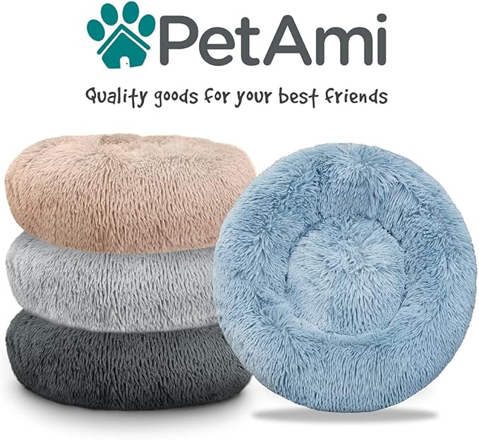 PetAmi Calming Dog Bed for Small & Medium Dogs and Cats, 23 Round Donut Dog Bed, Washable Fluffy Faux Fur Puppy & Cat Bed, Anti-Anxiety Plush Cuddler Pet Bed with Anti-Slip Bottom - Taupe