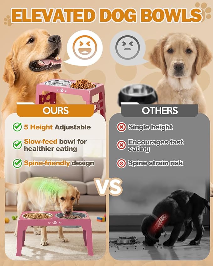 Elevated Dog Bowls for Medium Large Size Dogs, Non-Slip Dog Feeder with 1*Stainless Steel Dishes & 1*Slow Feeder Bowl, 5 Heights Adjustable Raised Bowls to 3.15″-8.66″-9.84″-11.02″-12.2″