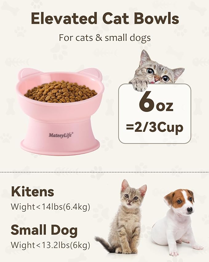 MateeyLife Elevated Cat Bowls, 2P Raised Food and Water Bowl Set for Indoor Cats & Small Dogs, Whisker Fatigue Cat Bowl, Anti Vomit Feeding Pet Bowls, 6 oz Each, Dishwasher Safe - Pink & Green