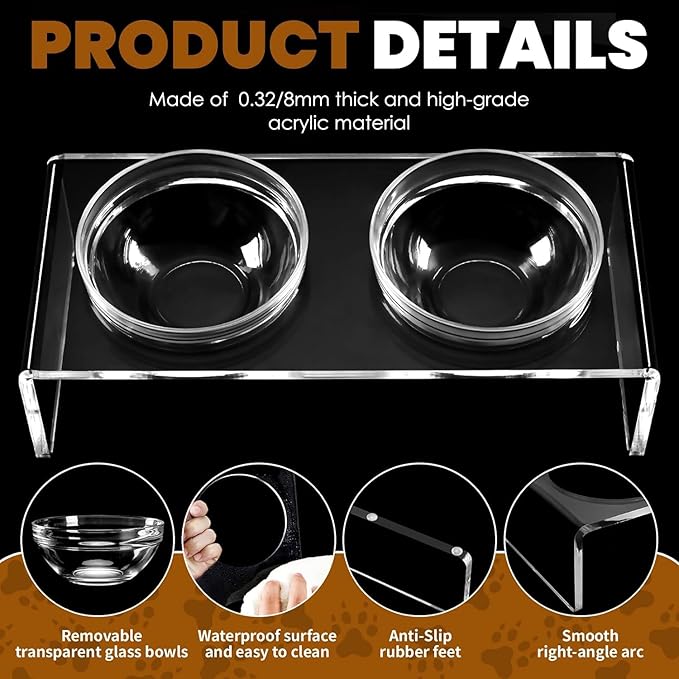 Elevated Acrylic Pet Bowl Stand – Raised Cat & Dog Bowls with 2 Glass & 2 Stainless Steel Bowls, Modern Clear Design, Non-Slip, Easy to Clean, Perfect for Small Pets, 3.75" Tall