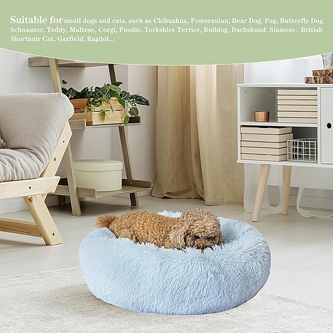 Calming Dog Bed for Small Dogs Cats, Kitty Puppy 23'' Round Anti-Anxiety Warm Fluffy Plush Faux Fur Bed, Soft Anti-Slip Donut Washable Small Pet Bed, Cozy Cat Puppy Bed, Fits up to 30 lbs Pets
