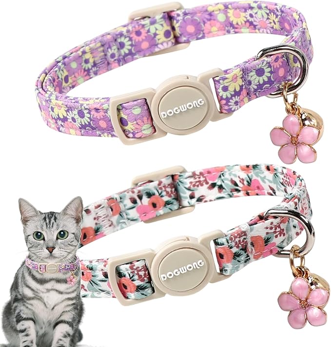 Cat Collar,2 Pack Cute Cat Collars Breakaway with Bell- Safety Buckle Flower Pink Rose Cat Collar for Girl Cats and Small Dogs，Adjustable 7-12 Inch,Pet Supplies Accessories