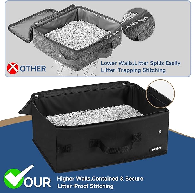 Portable Cat Travel Litter Box with Lid and 10 Pcs Disposable Liner Bags, Leak-Proof & Collapsible, Easy Clean Odor-Control Cat Travel Essentials for Car, Hotel, Airplane, Camping,Trips Black