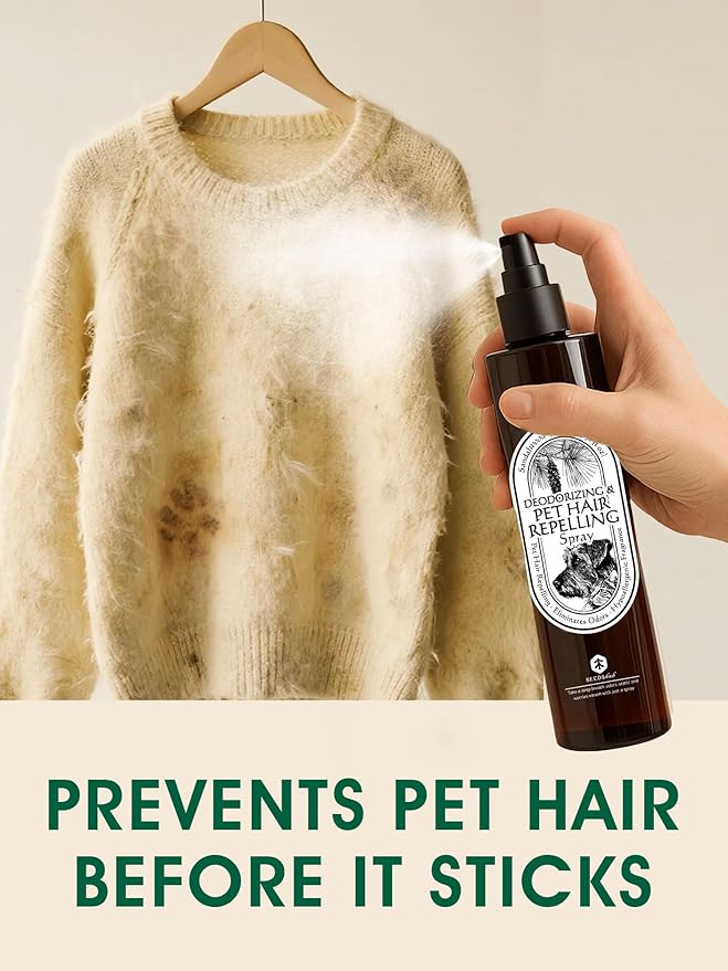 4-in-1 Pet Hair Repellent Spray, Pet Hair Dissolver & Odor Neutralize, Plant Based Enzymes, Safe for Pets, Clothes & Furniture, Refresh Pine Nut Scent, 13.52 fl oz, 2 Full Size Pack