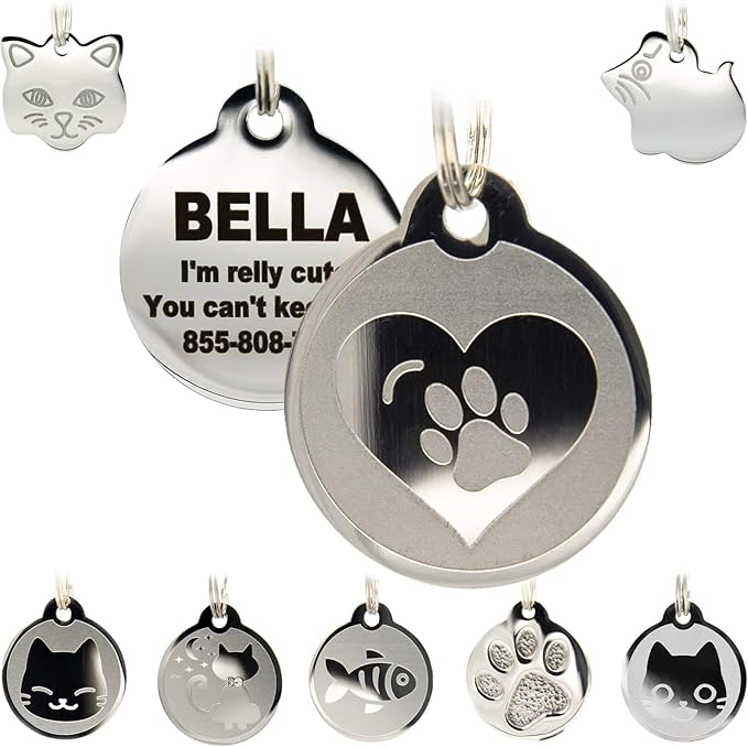 Stainless Steel Cat ID Tags - Engraved Personalized Cat Tags Includes up to 4 Lines of Text with Round Heart Shape