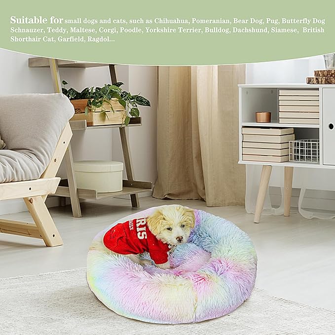 Calming Dog Bed for Small Dogs Cats, Kitty Puppy 23'' Round Anti-Anxiety Warm Fluffy Plush Faux Fur Bed, Soft Anti-Slip Donut Washable Small Pet Bed, Cozy Cat Puppy Bed, Fits up to 30 lbs Pets