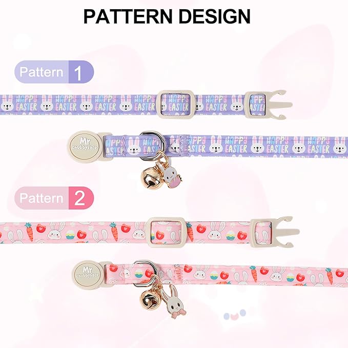 2 Pack Easter Cat Collar, Purple Rabbit& Pink Rabbit Pattern Kitten Breakaway Collar, Adjustable Cute Easter Collar with Bell&Pendent for Female Male Cat