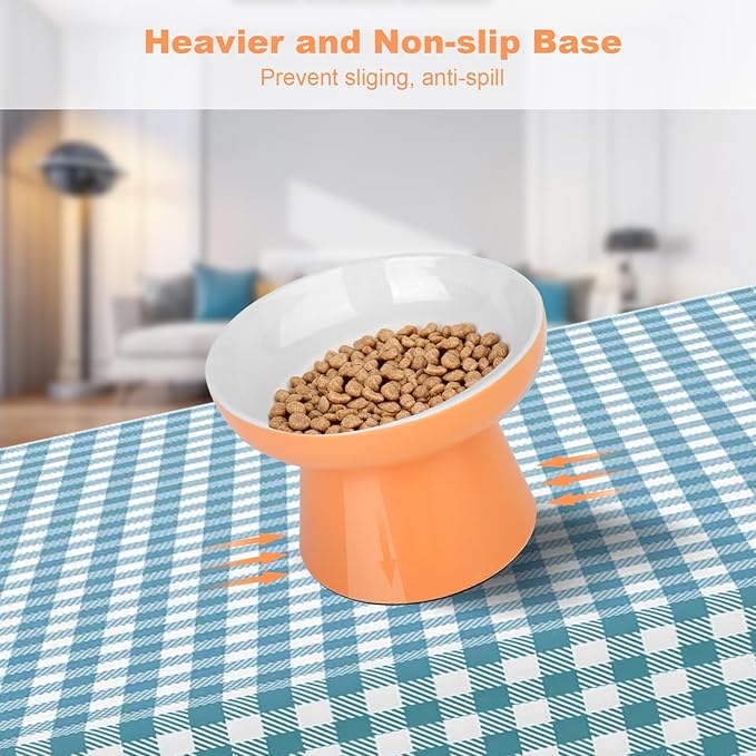 Ceramic Raised Cat Bowl, Elevated Cat Food Bowl with Non-Slip Base,Whisker Friendly Shallow Feeder for Dry & Wet Food, Dishwasher Safe, Anti Vomiting (Orange)