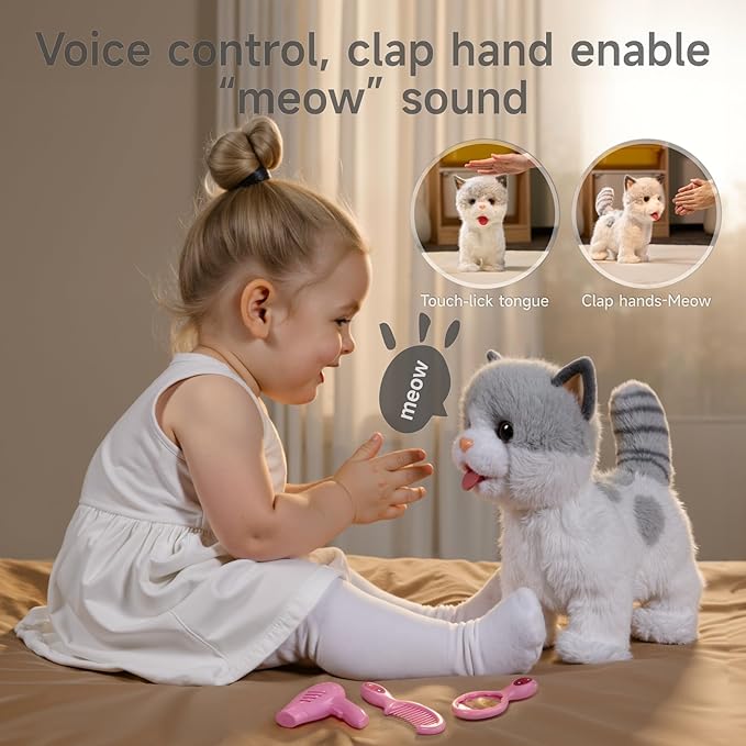 OR OR TU Walking Toy Cat with Remote Control Leash, Plush Cat Electronic Interactive Toys for Kids, Shake Tail, Licking, Pretend Dress Up Realistic Stuffed Animal Cat Age 3 4 5 6+ Years Old Best Gift