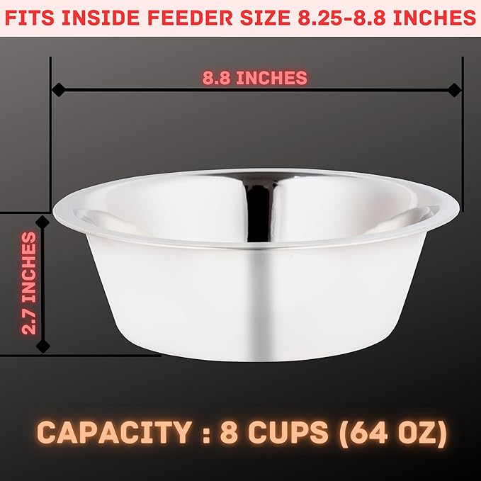 Stainless Steel Dog Bowl 2-Pack Metal Food and Water Dish (8.8" inch Outer Diameter) Pet Feeder Replacement Bowls Dishwasher Safe, Easy to Clean (7.8 Cups)