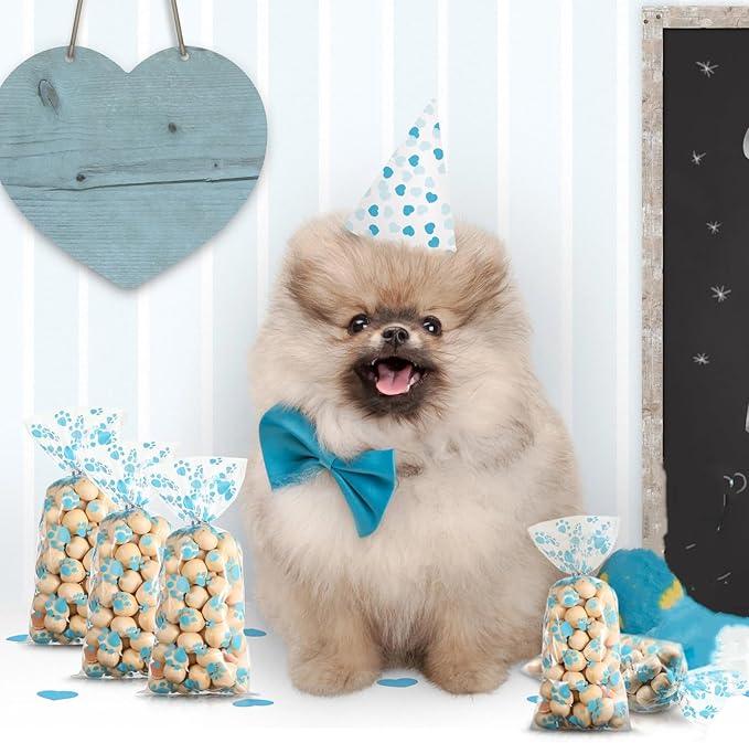 Blulu 200 Pcs Dog Treat Bags Pet Paw Cellophane Bags Dog Party Favor Heat Sealable Treat Paw Gift Cat Candy Bag with 200 Pcs Silver Twist Ties for Pet Party Favors(Blue)