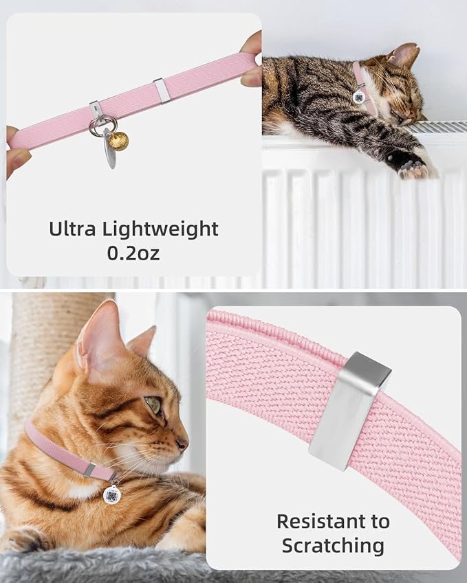 Cat Collar with QR Code Name Tag, Stretch Elastic Quick Release, Cat ID Tag Personalized, Ultra-Durable, Non Breakaway Lightweight Kitten Collar Fits Most Girl Boy Small Large Cats (Pink)