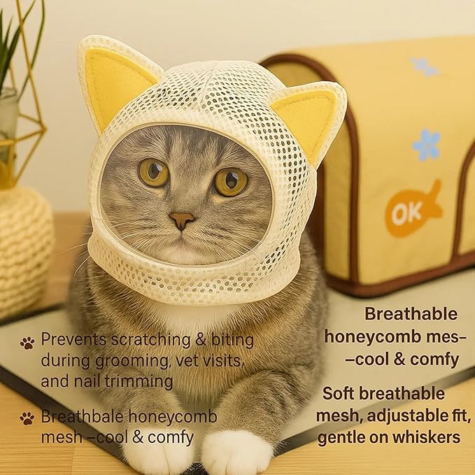 Breathable Meshes Cats Head Cover with Regulable Belt Lovely Cats Ear for Anti Licking Anti Scratch Protecting Recovery Head Cover
