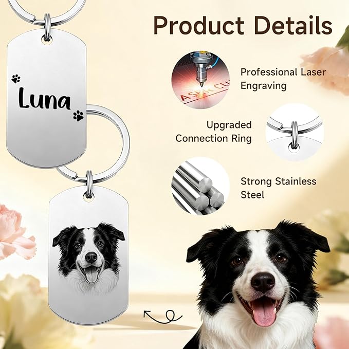 Custom Dog or Cat Portrait Keychain, Personalized Photo Engraved Keychains with Name, Customized Pet Memorial Gifts for Loss of Pets (Dog Tag Shape)