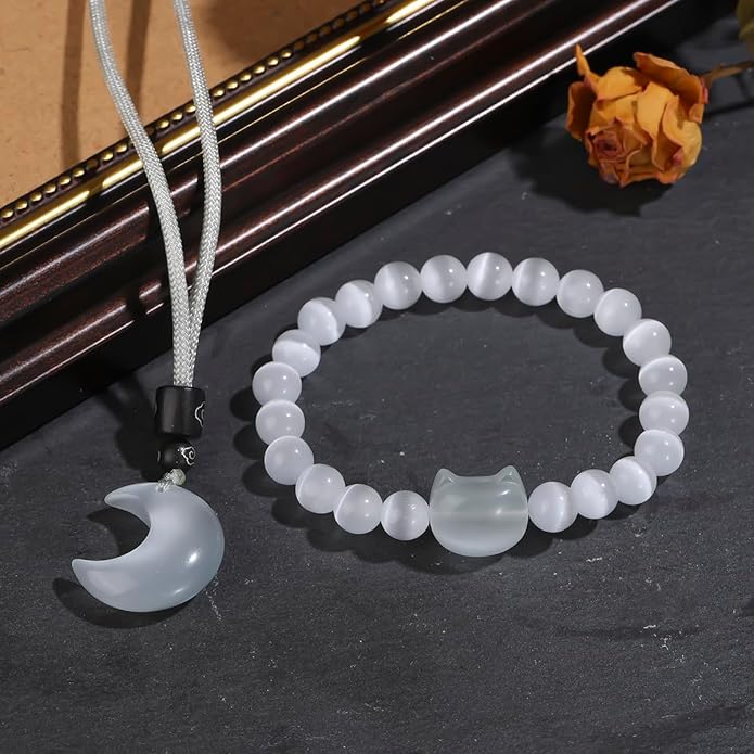 Black Obsidian Cat Bracelet and Moon Pendant Necklace Jewelry Set-Cat Lover Gifts,Wealth Attraction,Good Luck,Bead Bracelet,Mindfulness,Beaded Bracelets, Obsidian Pendant Necklace-Cute Gifts for Women