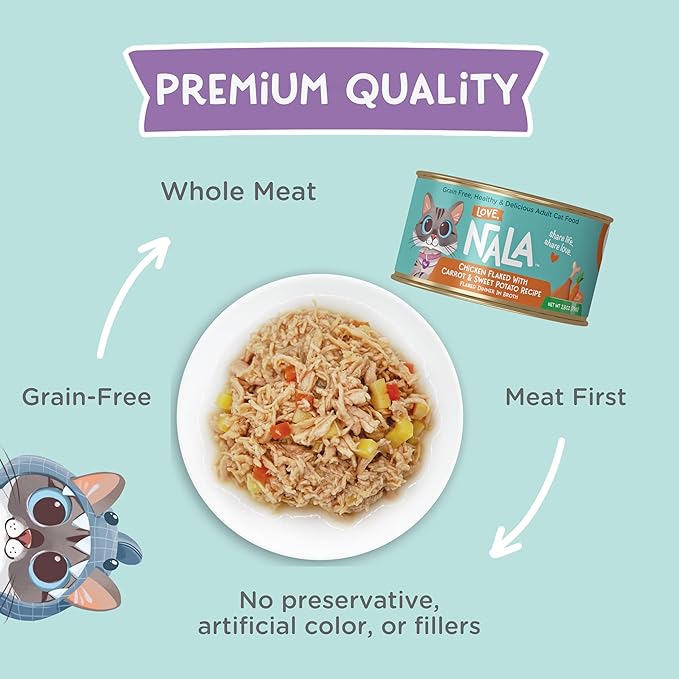 LOVE, NALA - Chicken Flaked with Carrot & Sweet Potato in Broth - 24 Pack, 4.8 lbs - Natural Adult Cat Wet Food Flaked -Grain Free, Non-GMO, Lean Protein, Added Minerals & Vitamins