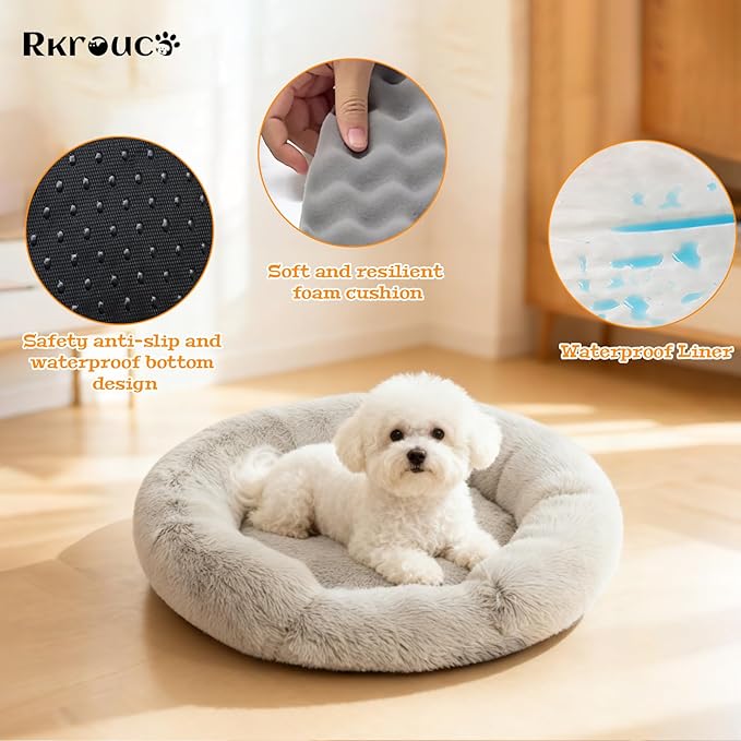 Fluffy Dog Bed Calming Donut Beds for Large Dogs Warming Round Small Medium Pet Nest Cozy Cat Mattress Indoor Washable Puppy Kennel Kittens Sleep Mat (L, 35.4×35.4 inch, Beige)