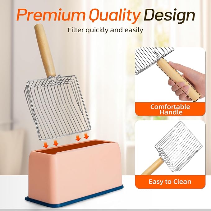 Metal Cat Litter Scoop Kitty Metal Scooper with Hook and Hole, Heavy Duty Stainless Steel Shovel with Wooden Stainless Steel Kitten Poop Lifter for Litter Box(Gray)
