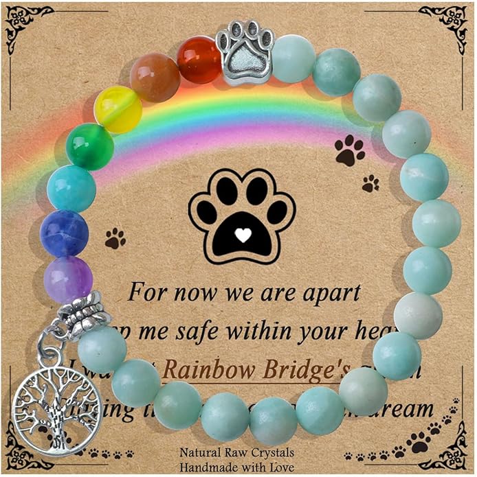Pet Memorial Gifts, Sympathy Gift for Loss of Dogs and Cats, Chakra Rainbow Bridge Bracelet for Women Men Who Lost Pets