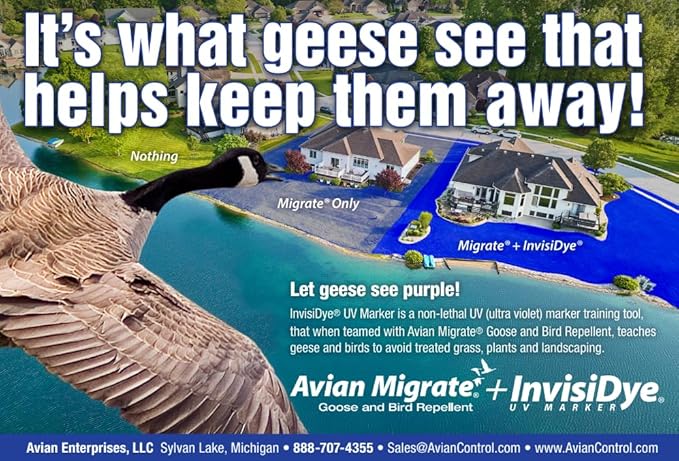 Goose Repellent UV Marker, Goose and Bird Detterent for Avian Migrate, Improves The Longevity of The Avian Migrate, Trains Geese and Birds to Avoid Areas, Invisidye (Two 8 oz Bottles)