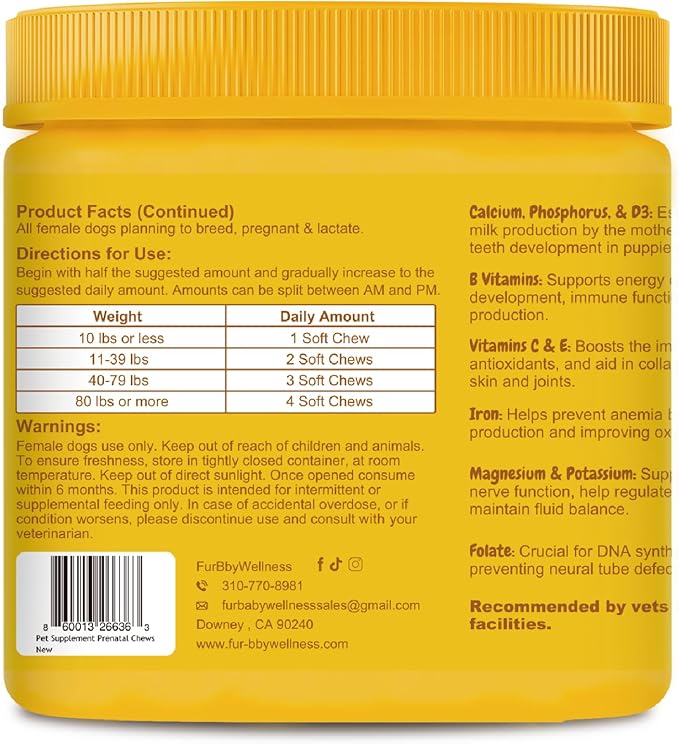 Dog Prenatal Vitamins - Supports Healthy Pregnancy, Puppy Growth & Lactation - with Folic Acid, Iron & Calcium - Advanced Supplement for Pregnant & Nursing Dogs - 120 Soft Chews