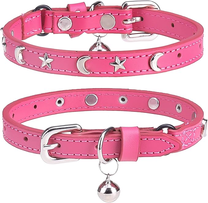 Leather Cat Collars for Boy Girl Cats with Bell and Safety Elastic Belt, Personalized Star and Moon Stud Adjustable Safe Buckle Collar for Kitty Small Big Cats Size 7-9 Inch, Rose