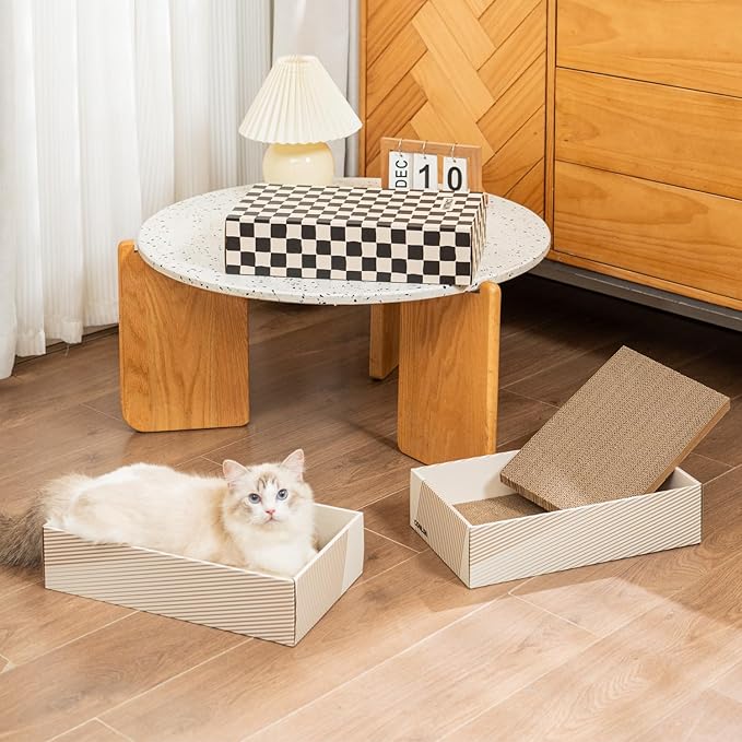 Conlun Cat Scratcher Box with 4 Scratching Pads&2 Separate Cardboard Boxes,2-in-1 Cardboard Cat Scratch for Multiple Kitten Interactive Play,Checkered(Ball & Fish Catnip Toy Included)
