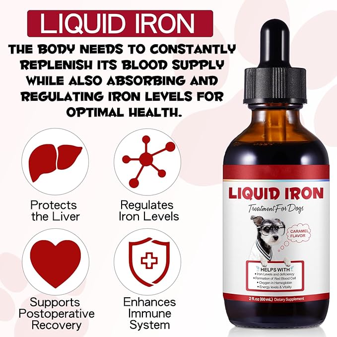 Iron Supplements for Dogs, Liquid Iron for Dogs with Folate and B12 Supports Anemia, Supplement for Anemia, Promotes Blood Health 2 oz