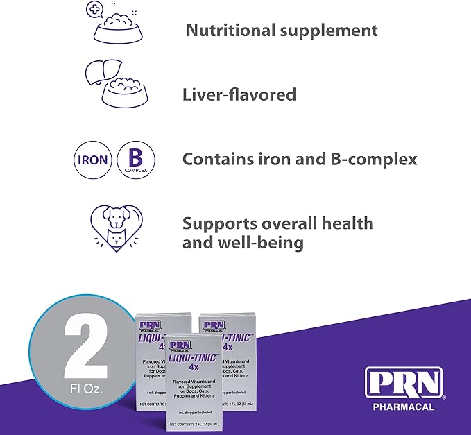 PRN Pharmacal Liqui-Tinic 4X - Iron & B Vitamin Supplement for Pets - Liver-Flavored - 2 fl oz (3 Pack)