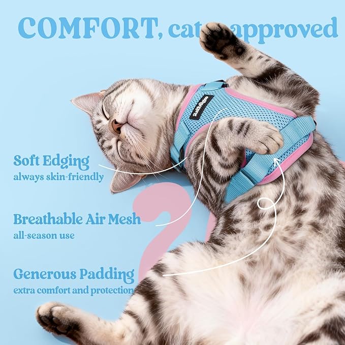 rabbitgoo Cat Harness and Leash for Walking, Escape Proof Soft Adjustable Vest Harnesses for Cats, Easy Control Breathable Reflective Strips Jacket, Light Blue&Pink, S