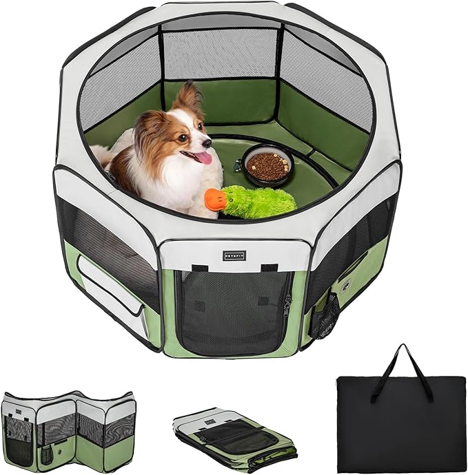 PETSFIT 29" Puppy Playpen with Removable Waterproof Mat & Zippered Roof | RV, Camping, Travel Dog Pen | Indoor/Outdoor Whelping & Cat Observation Space(29.5"x29.5"x16.5"H)