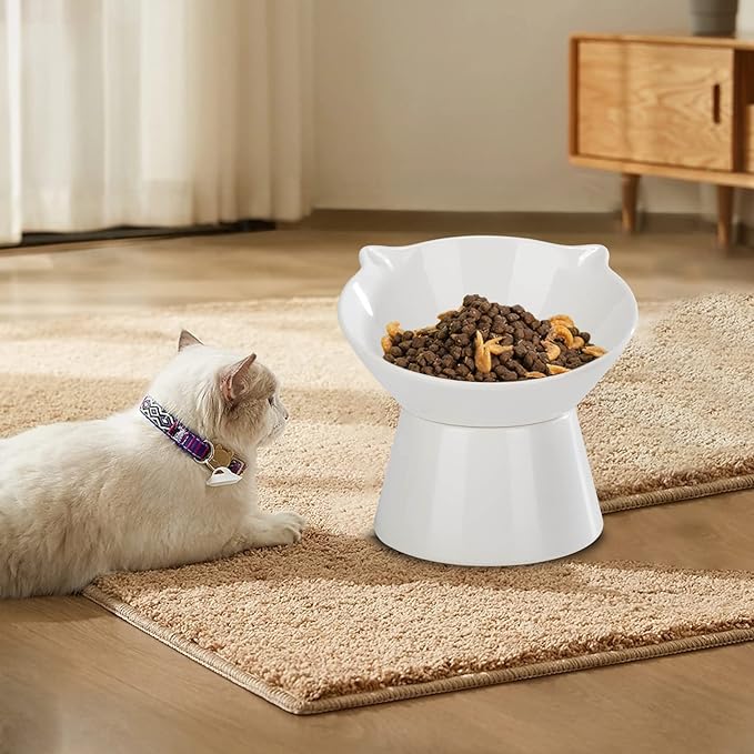 Detachable Elevated Cat Bowls, 15° Tilted Raised Cat Food Bowl Anti-Vomiting, Whisker Friendly, Adjustable Pet cat Dishes for Protecting Spine, Adult Kitten (White)