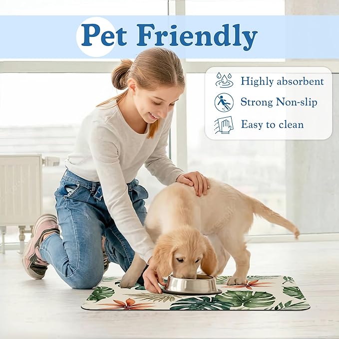 Boho Tropical Palm Pet Feeding Mat-Christmas Stocking Quick Dry Absorbent Dog Cat Food Mat, Non Slip Waterproof Bowl Placemat for Messy Eaters, Pet Accessories for Floors 16"x24"