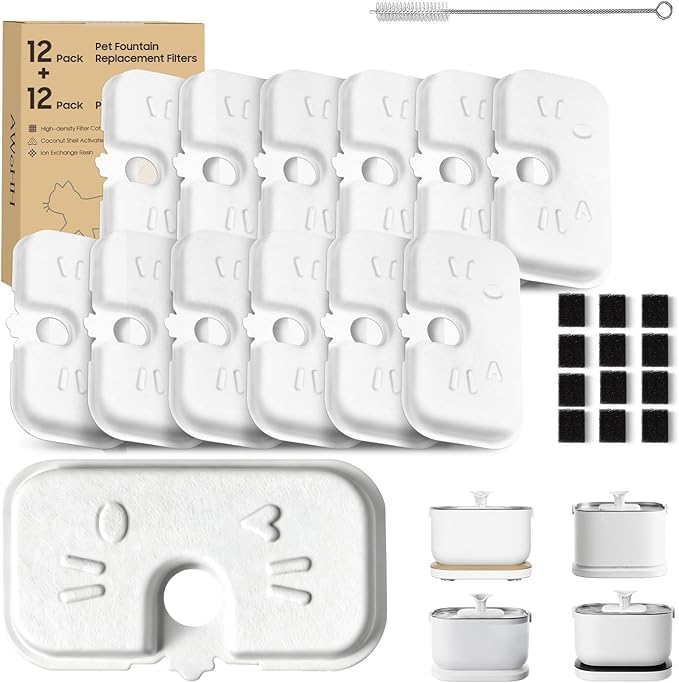 12+12 Pack Cat Water Fountain Filters Compatible with PETLIBRO Dockstream Water Fountain PLWF106/116/115/105/005, 6-Month Set of Replacement Filters for Pet water fountain (12 Filters + 12 Sponges)