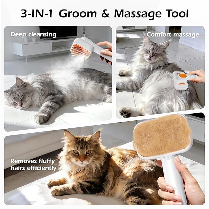 3-in-1 Pet Steam Brush: Rechargeable Grooming Tool with Gentle Mist Spray for Shedding Control, Self-Cleaning, 2-Speed, Waterproof, Safe Rounded Tips - For Dogs, Cats, Rabbits & All Coats