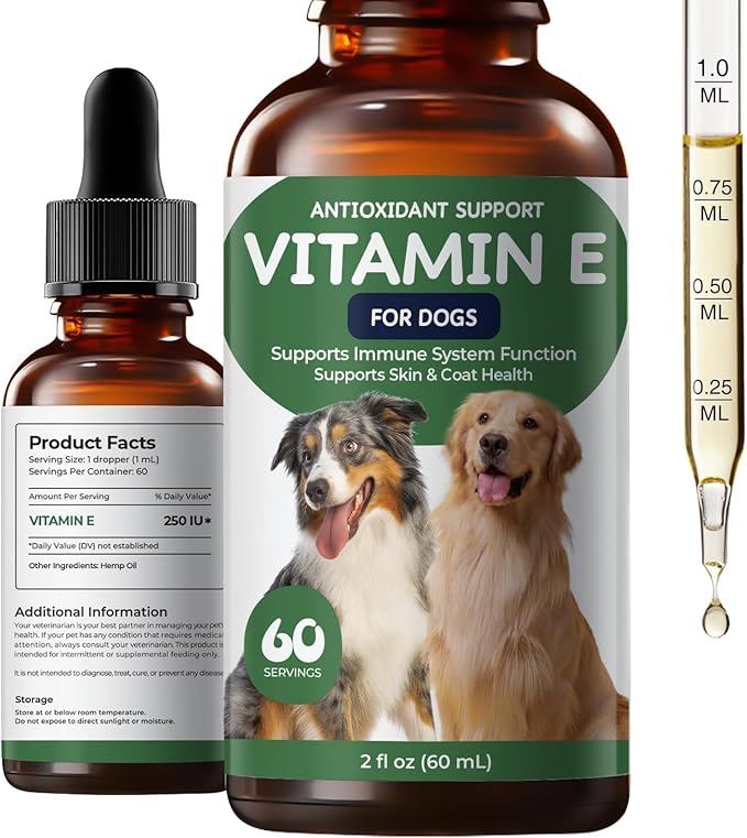 Vitamin E Supplement for Dogs Liquid, Daily Skin & Coat Nutrition Oil, Supports Moisture Balance, Cellular Protection & Overall Canine Wellness, 2 fl oz (60 mL)