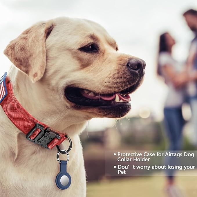 DAGANXI Tactical Dog Collar, Adjustable Military Training Nylon Dog Collar with Control Handle and Heavy Metal Buckle for Medium and Large Dogs, with Patches and Airtags Case (Red-Set, L)