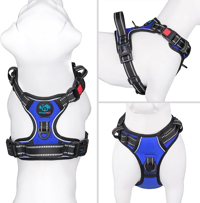 PHOEPET No Pull Dog Harness Medium Reflective Front Clip Vest with Handle,Adjustable 2 Metal Rings 3 Buckles,[Easy to Put on & Take Off](S, Royal Blue)