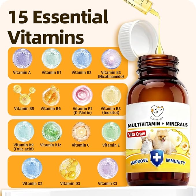 Multivitamins Supplement for UTIs & Allergy Relief, Skin & Coat Care, Hip & Joint Supplement, Immunity Boosting & Digestive Aid for Dogs & Cats 2.03 Fl Oz (1 Bottle)