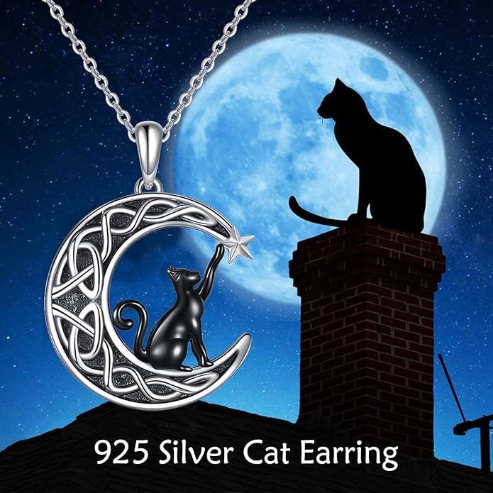 Celtic Moon Black Cat Necklace for Women - Abalone Tree of Life Sterling Silver Cat Lovers Jewelry