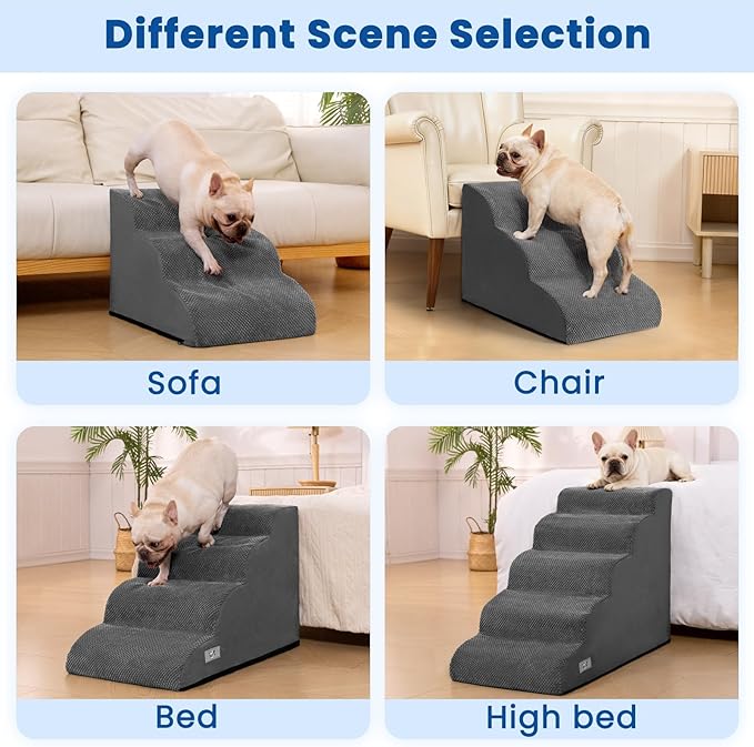 Dog Steps for Bed, 4 Step Pet Stairs for Small and Medium Dogs, Non-Slip Dog Ramp with Washable Cover, High-Density Support Foam for Easy Climbing,Grey