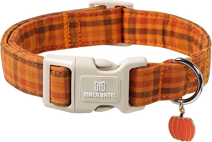Maca Bates Fall Plaid Basic Dog Collar,Pumpkin Charm,Extra Large Girl,Boy,Autumn Brown Gingham Puppy Collars Halloween Checkered Print,Adjustable Durable Soft for Male Female Dogs with Safety Buckle