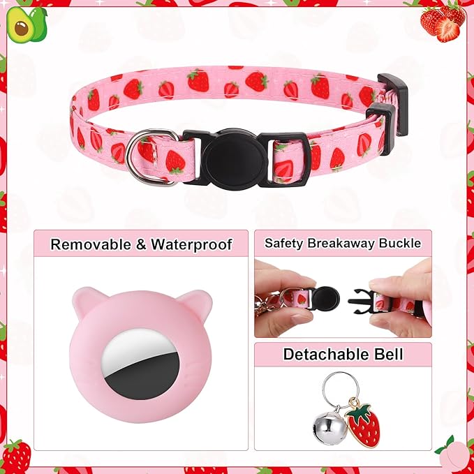 3 Pack Airtag Cat Collar Breakaway Fruit Cat Collars with Air Tag Holder, Bells and Fruit Charms Adjustable Safety Kitten Collars for Girl Boy Cats