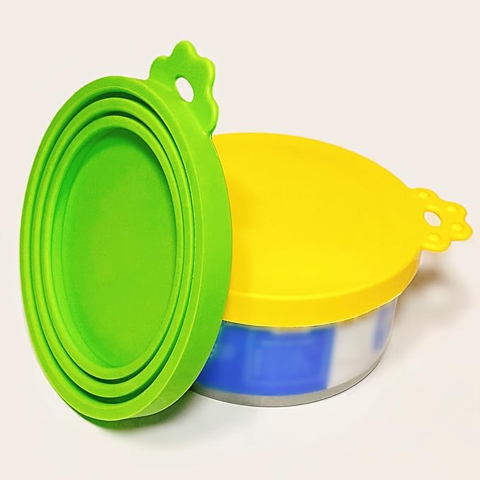 2 Packs Dog Food Can Lids, Inner rings 2.6”/3”/3.4” Fits 3-15oz Standard Cans/Tins, Multi-Size cat food can lid, Silicone Can Covers for dog food cans, BPA Free, Reusable(Green/Cyan+1 spoon)