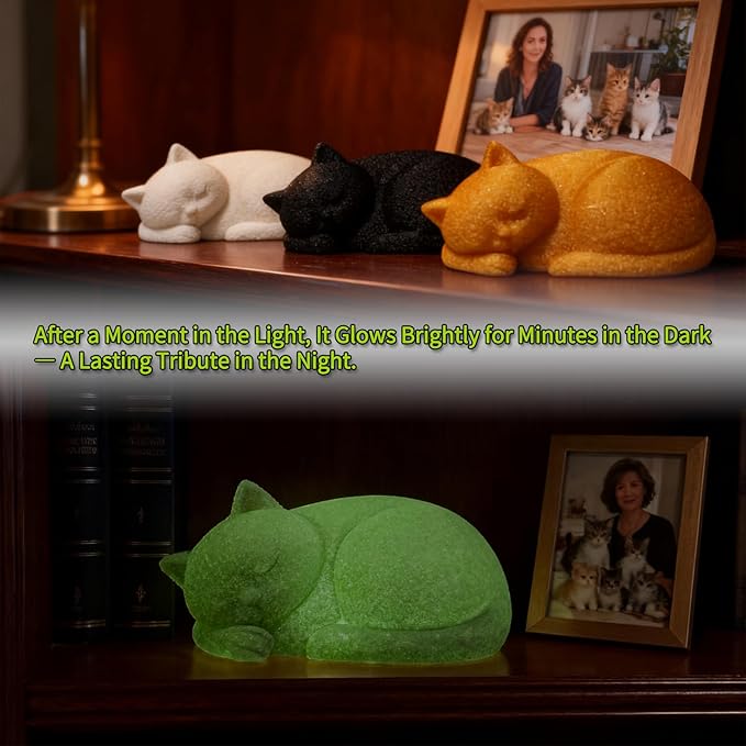 Glow Orange Resin Cat Urns for Ashes, Sleeping Pet Urns for Cats, Fur-Like Texture Urn for Cat Ashes, Secure Threaded Closure, Holds Cats Up to 7kg, 6.69 x 4.96 x 3.15 Inches