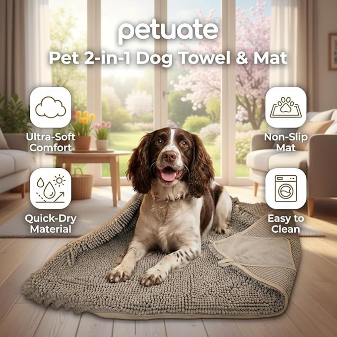Pet 2-in-1 Dog Towel & Mat – Transforms from Drying to Bath Mat, Ultra Soft, Absorbent & Quick-Drying, Machine Washable Dog Towels with Detachable Non-Slip Mat and Hand Pockets (Small)